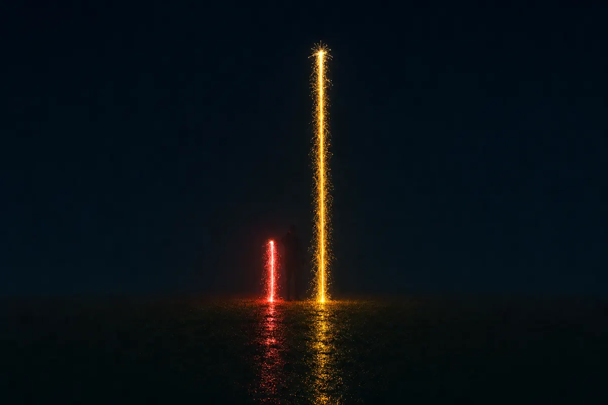 ภาพ long exposure เส้นแสงสีแดงขาลงสั้น ข้างเส้นแสงสีทองขาขึ้นที่สูงกว่าหลายเท่า